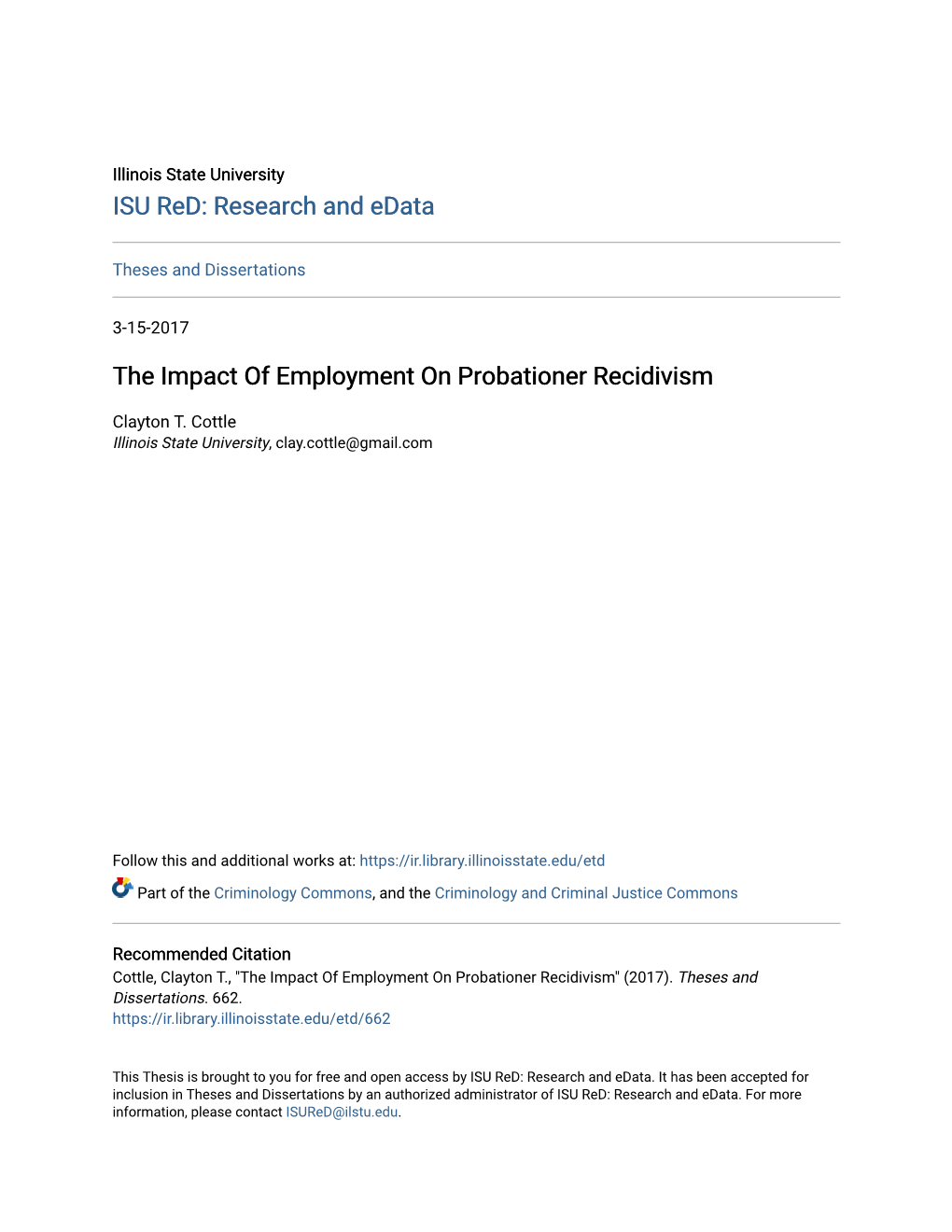 The Impact of Employment on Probationer Recidivism