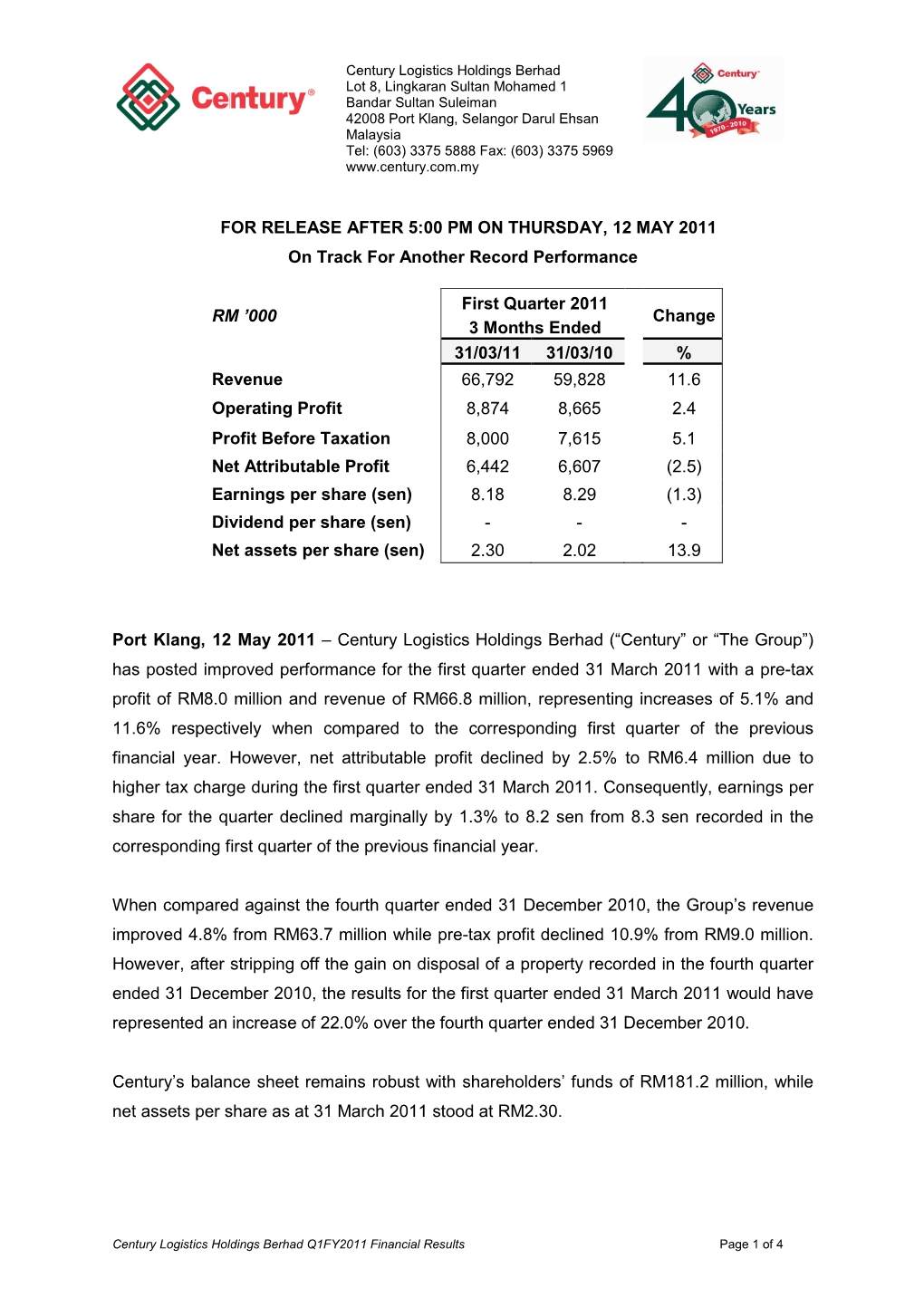 Media Release Q1FY11 Results