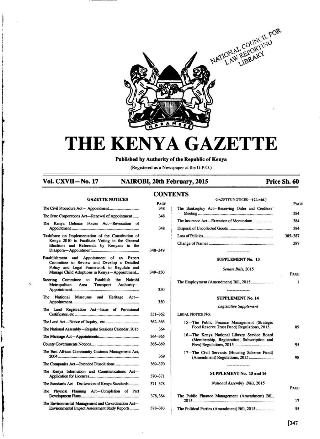 THE KENYA GAZETTE 20Th February, 2015