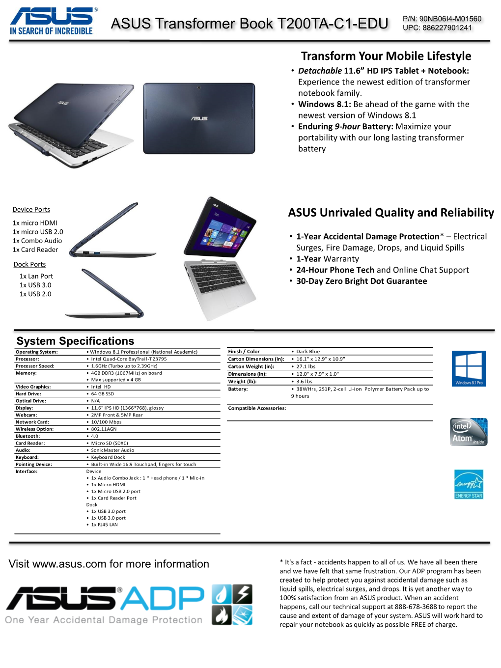 ASUS Transformer Book T200TA-C1-EDU P/N: 90NB06I4