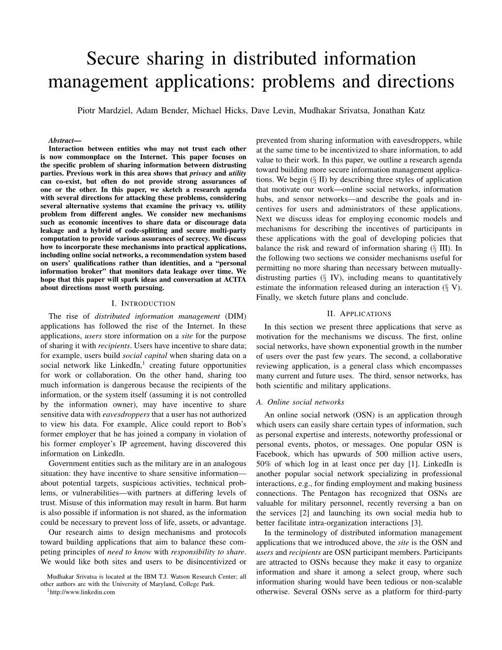 Secure Sharing in Distributed Information Management Applications: Problems and Directions