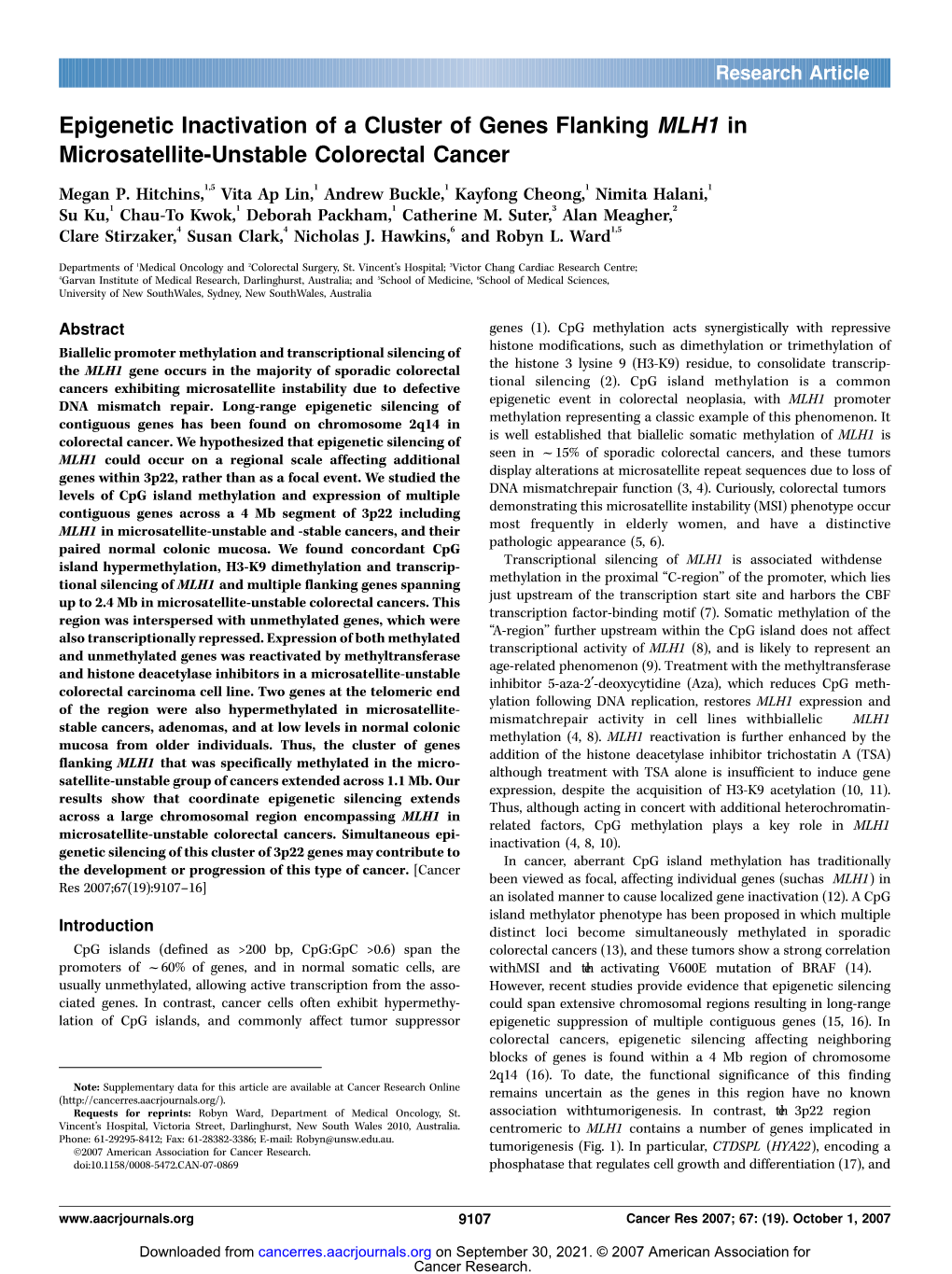 Epigenetic Inactivation of a Cluster of Genes Flanking MLH1 in Microsatellite-Unstable Colorectal Cancer