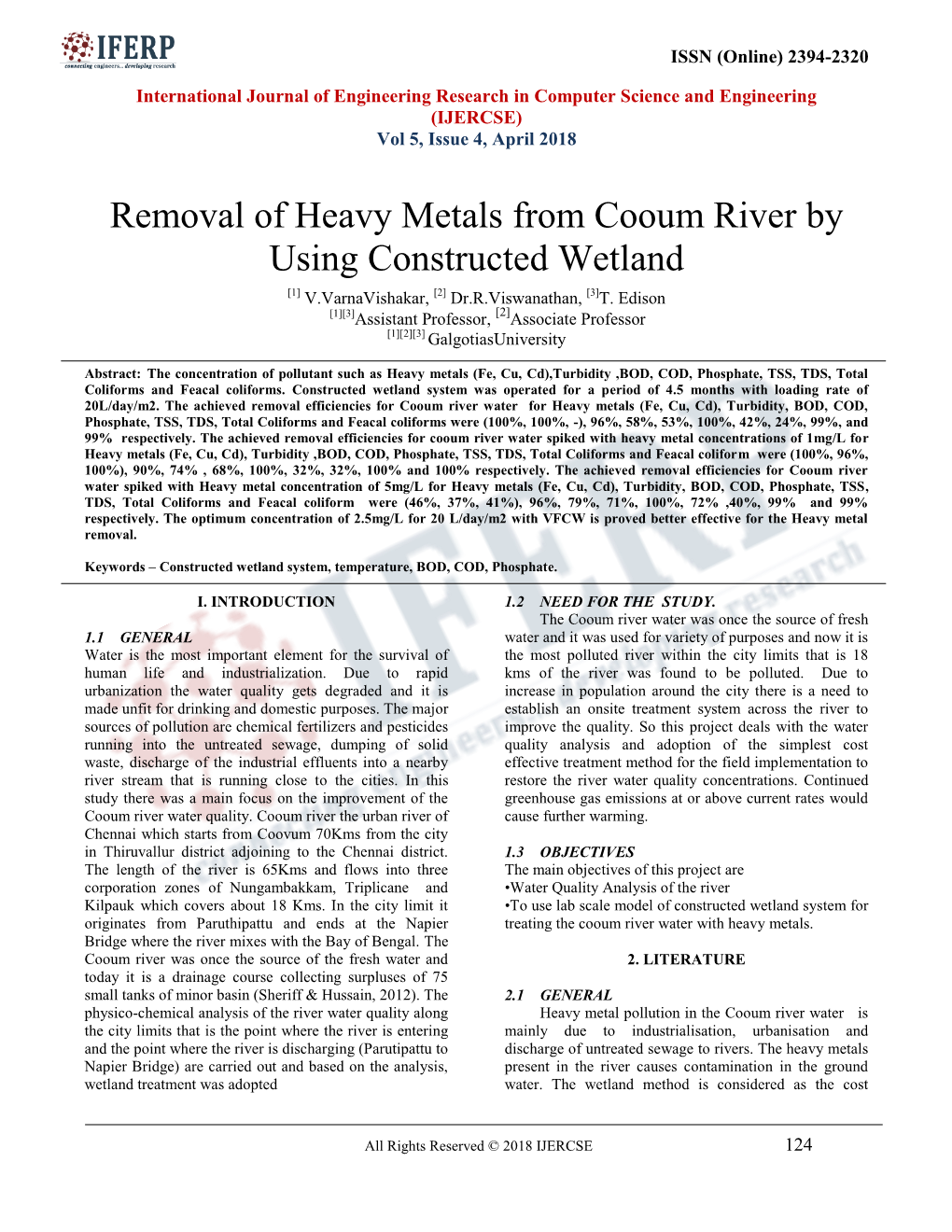 Removal of Heavy Metals from Cooum River by Using Constructed Wetland [1] V.Varnavishakar, [2] Dr.R.Viswanathan, [3]T