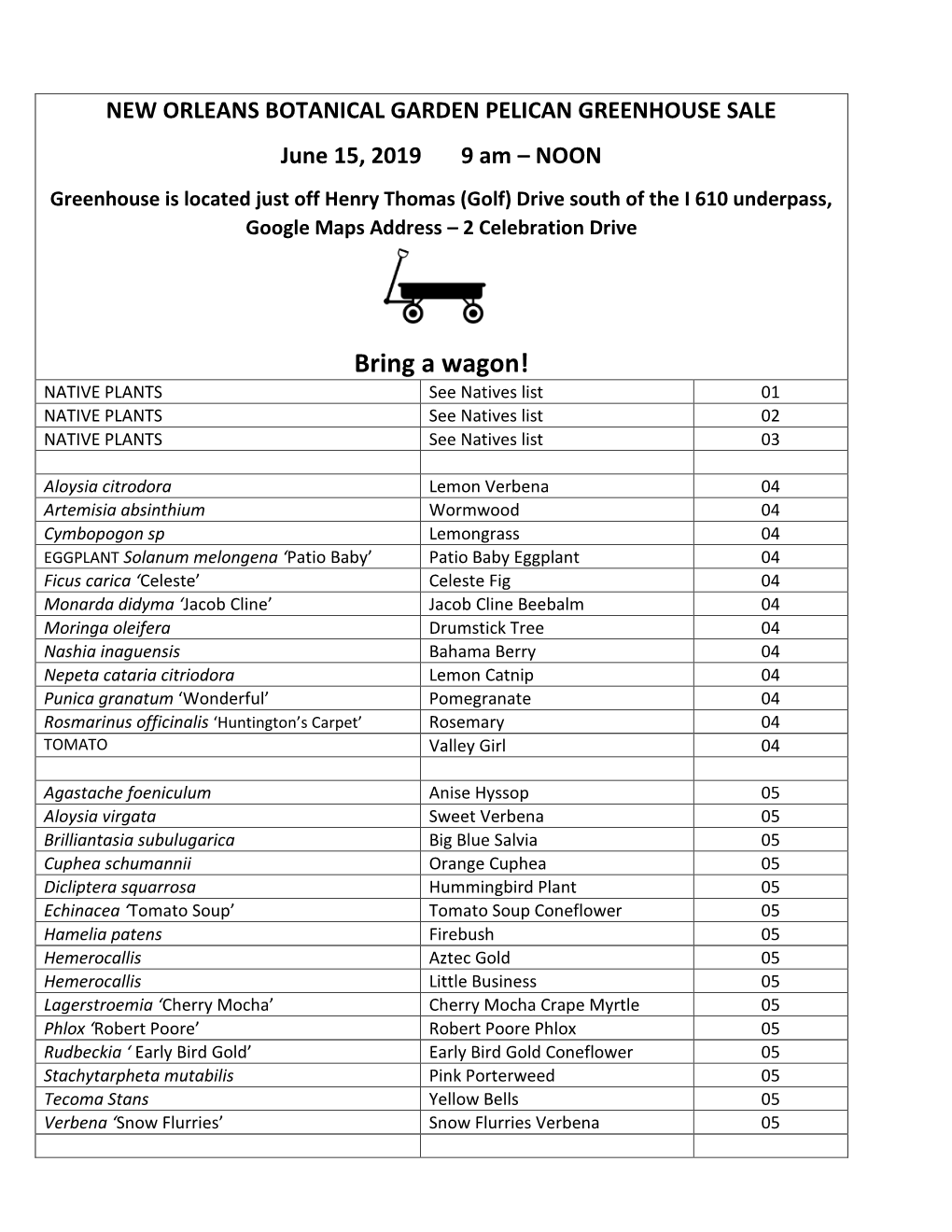 Bring a Wagon! NATIVE PLANTS See Natives List 01 NATIVE PLANTS See Natives List 02 NATIVE PLANTS See Natives List 03