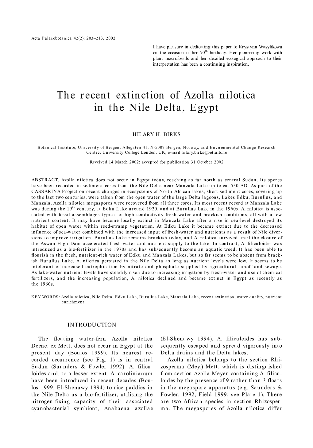 The Recent Extinction of Azolla Nilotica in the Nile Delta, Egypt