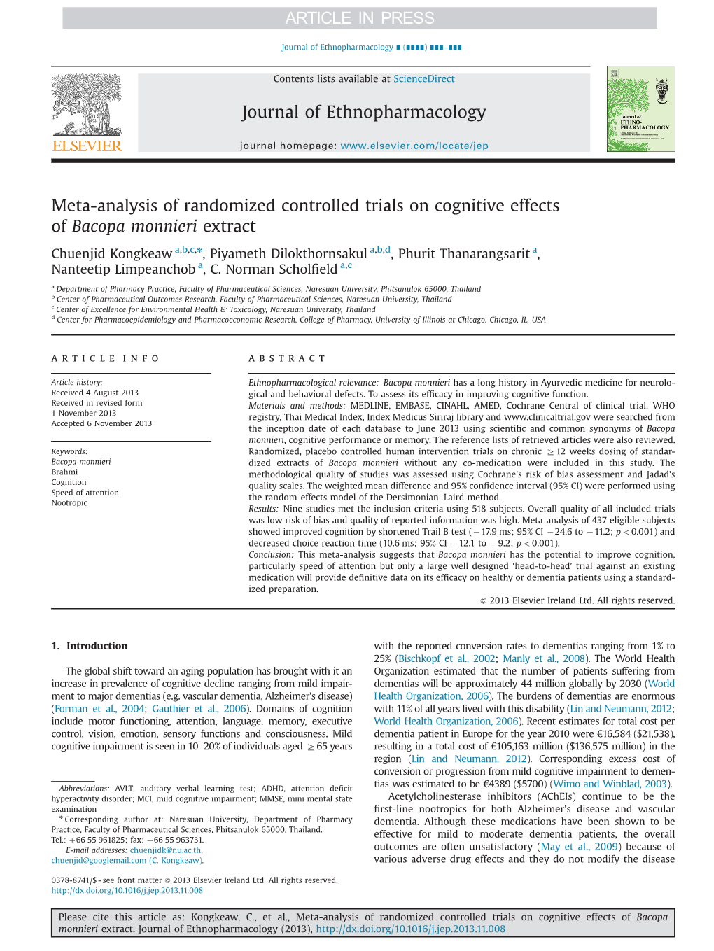 Meta-Analysis of Randomized Controlled Trials on Cognitive Effects of Bacopa Monnieri Extract