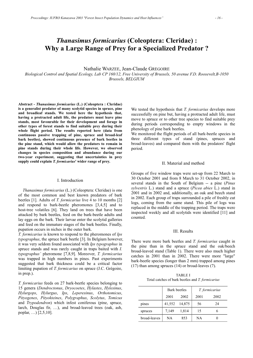 Thanasimus Formicarius (Coleoptera: Cleridae) : Why a Large Range of Prey for a Specialized Predator ?