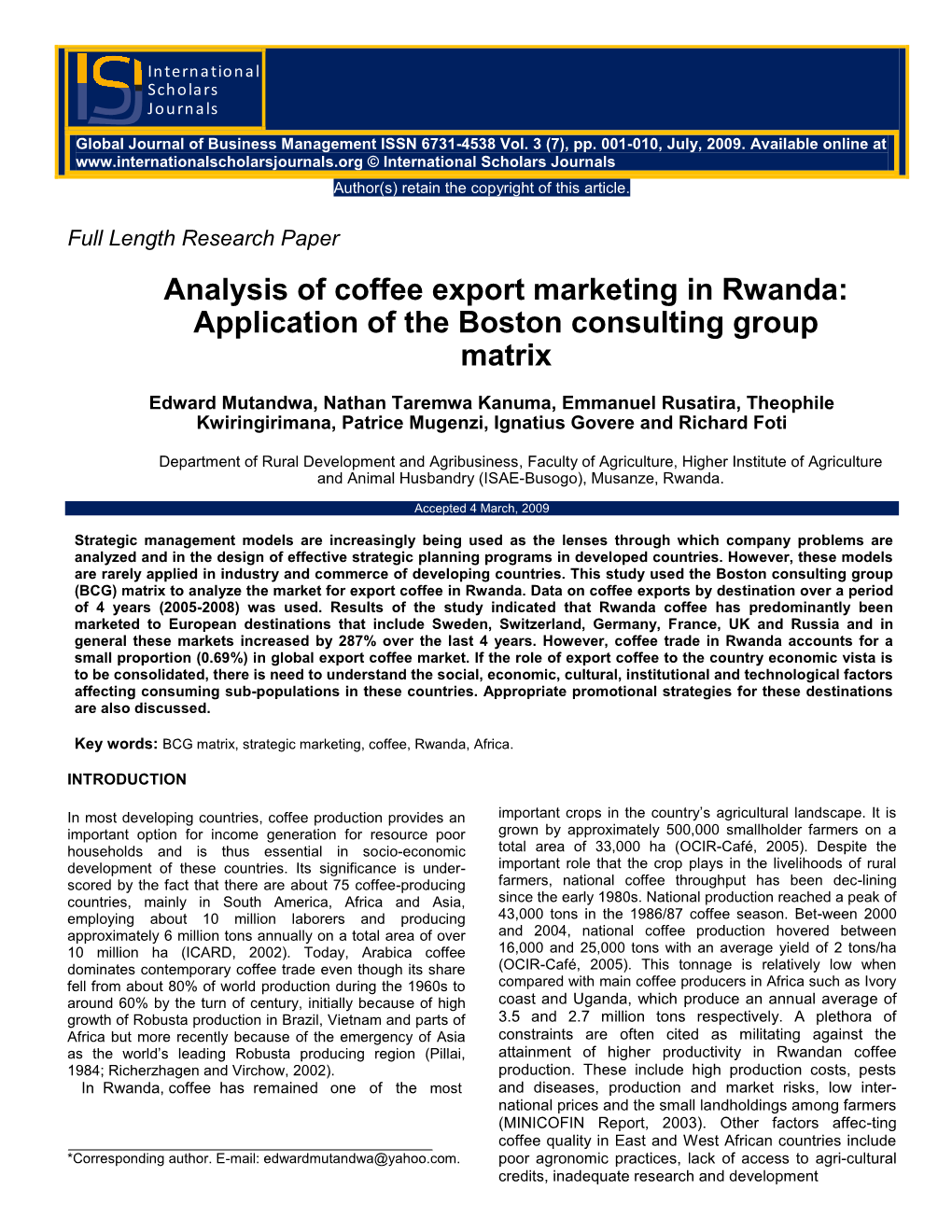 Analysis of Coffee Export Marketing in Rwanda: Application of the Boston Consulting Group Matrix