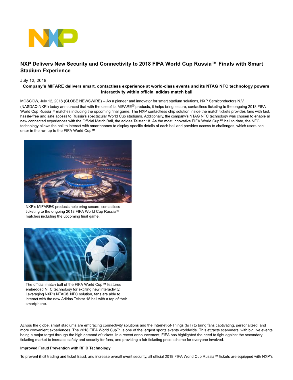 NXP Delivers New Security and Connectivity to 2018 FIFA World Cup Russia™ Finals with Smart Stadium Experience