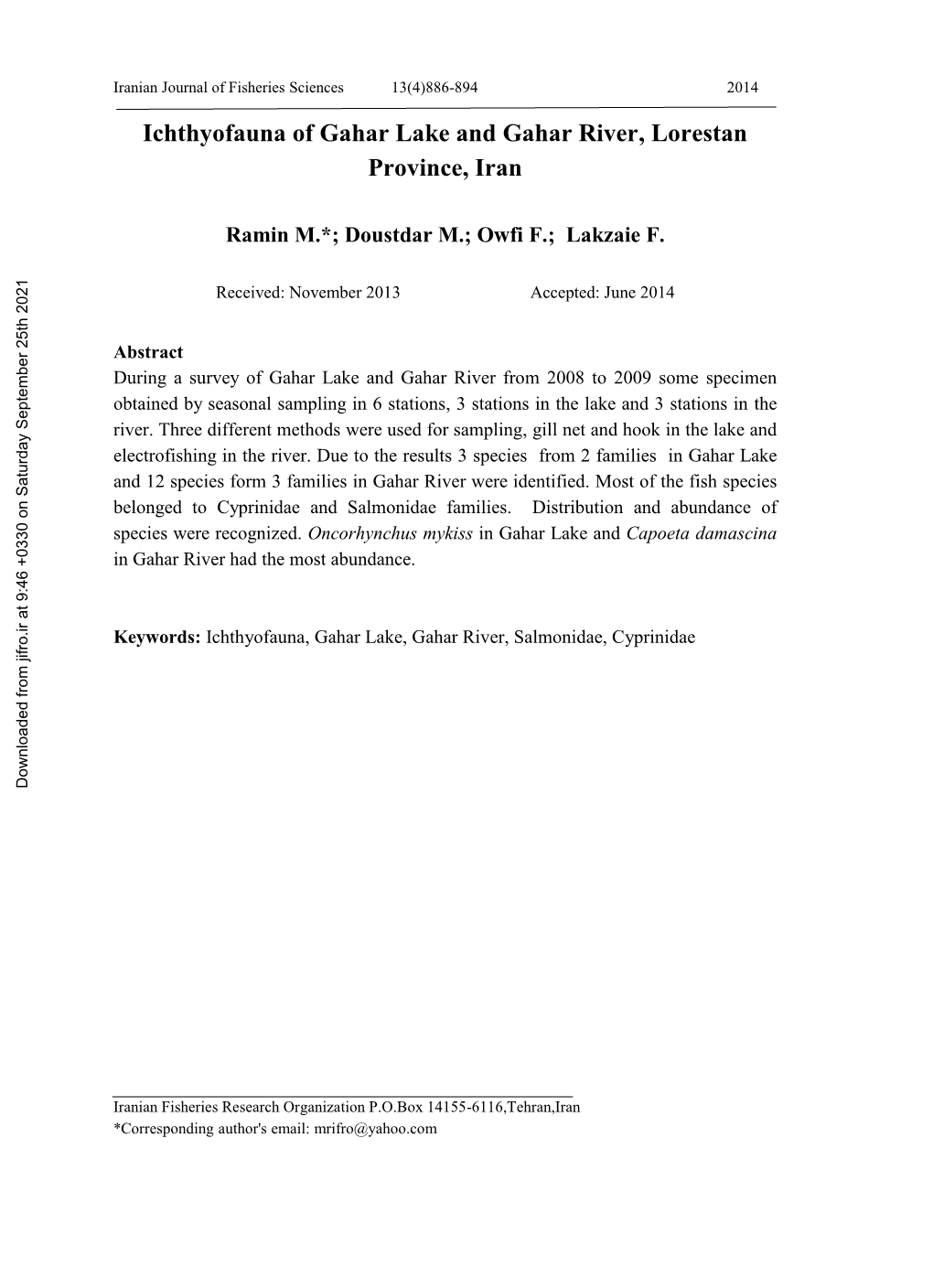 Ichthyofauna of Gahar Lake and Gahar River, Lorestan Province, Iran