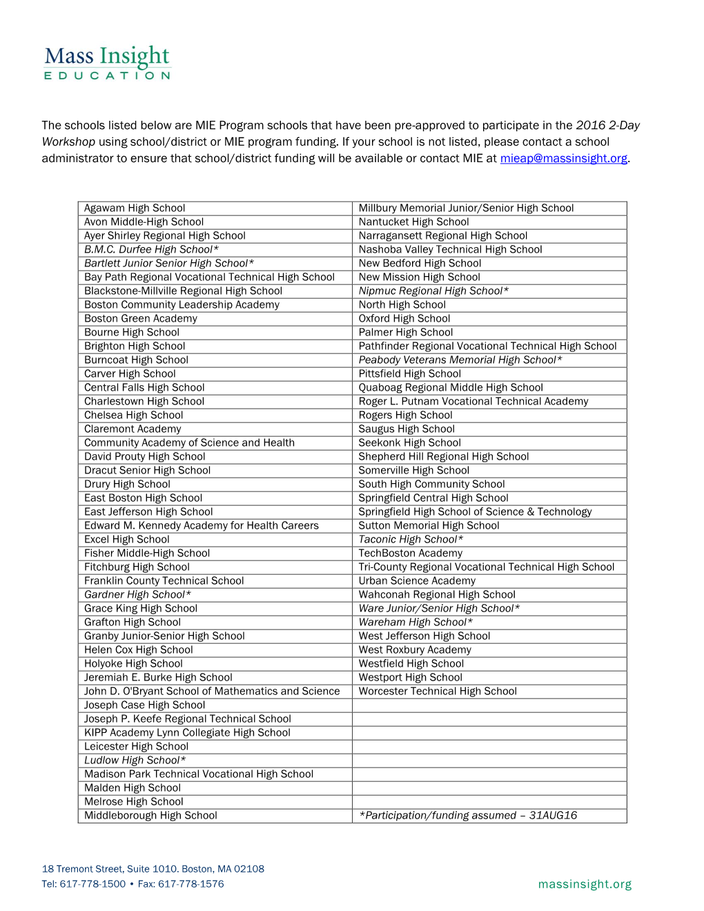 Massinsight.Org the Schools Listed Below Are MIE Program Schools