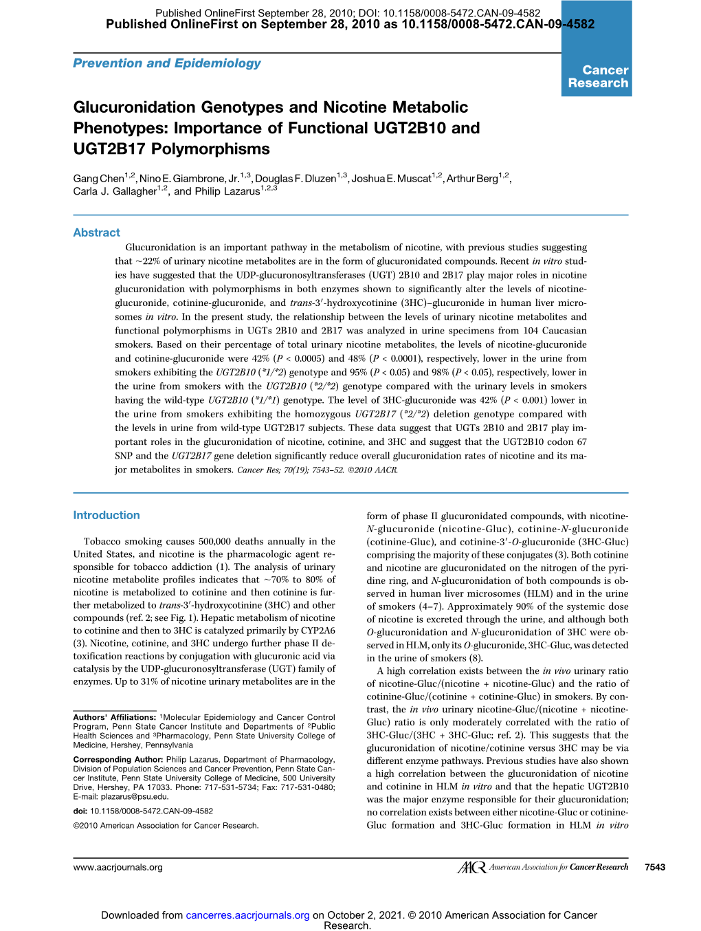 Importance of Functional UGT2B10 and UGT2B17 Polymorphisms