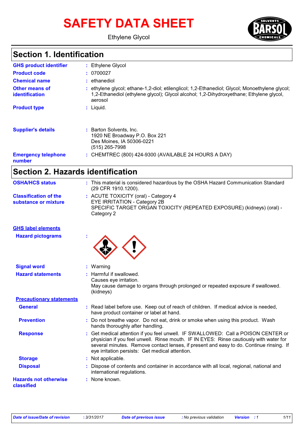 SAFETY DATA SHEET Ethylene Glycol