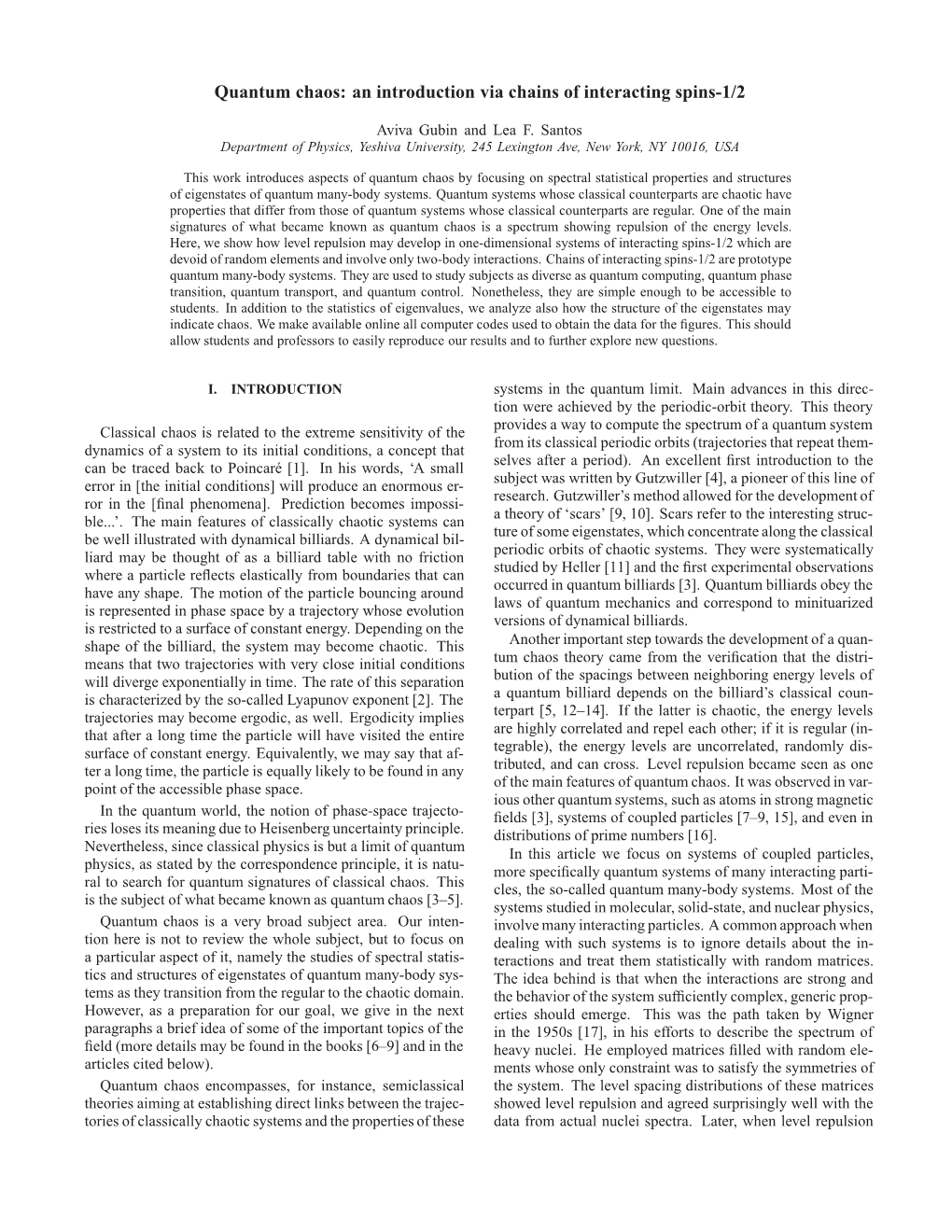 Quantum Chaos: an Introduction Via Chains of Interacting Spins-1/2