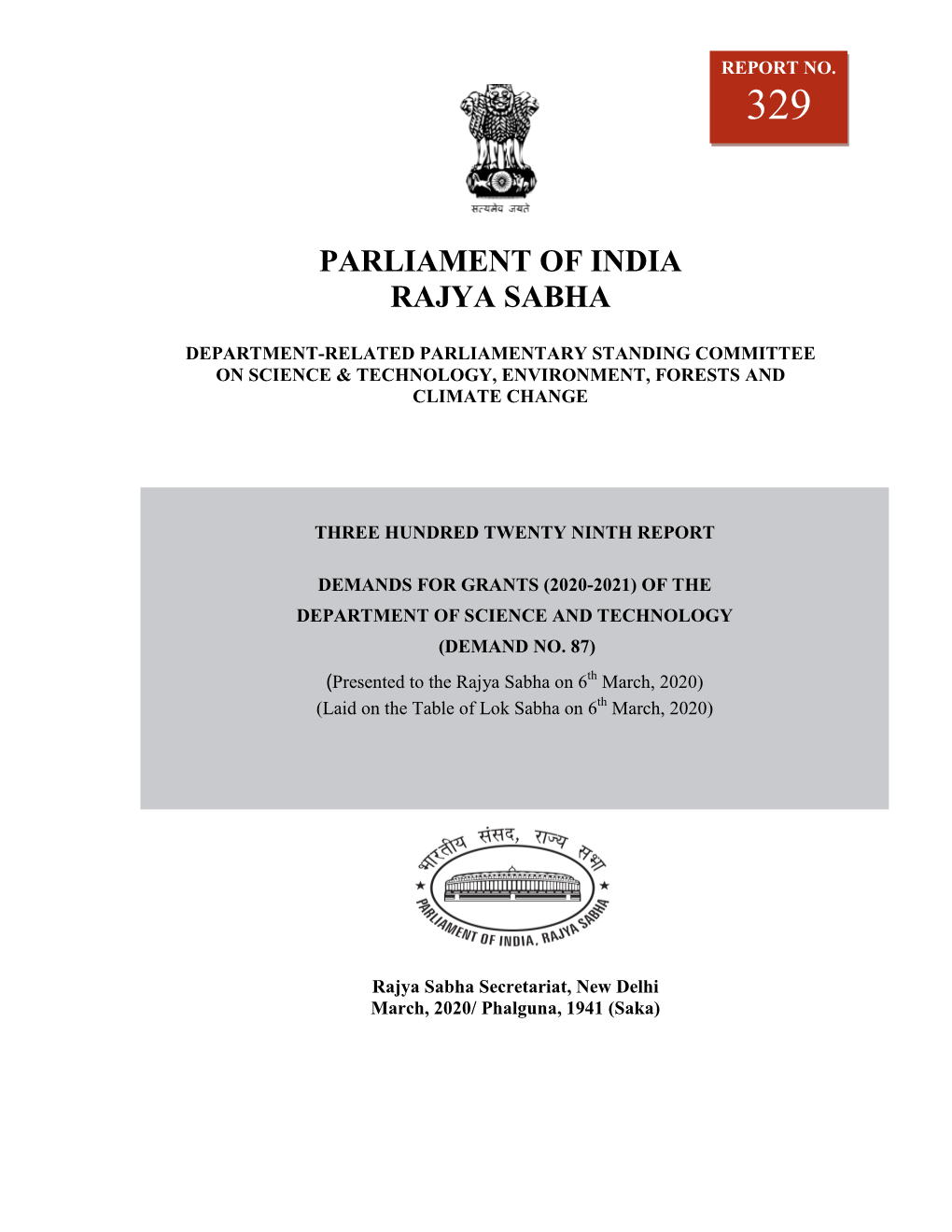 Parliament of India Rajya Sabha Department-Related Parliamentary Standing Committee on Science & Technology, Environment, Forests and Climate Change
