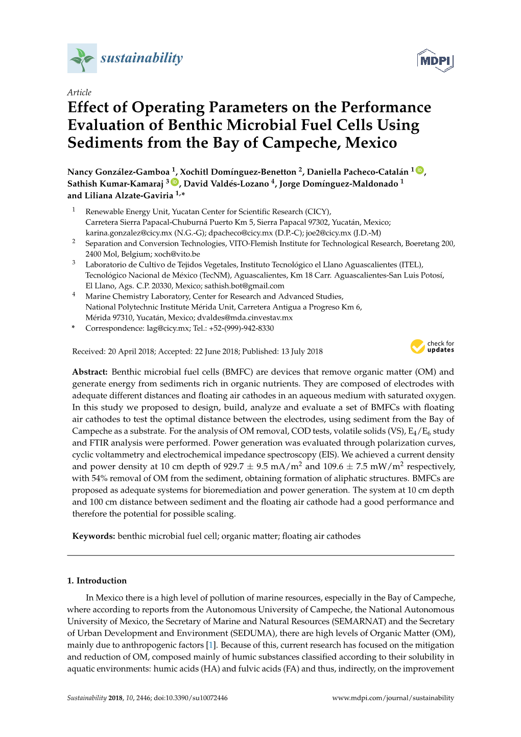 Effect of Operating Parameters on the Performance Evaluation of Benthic Microbial Fuel Cells Using Sediments from the Bay of Campeche, Mexico