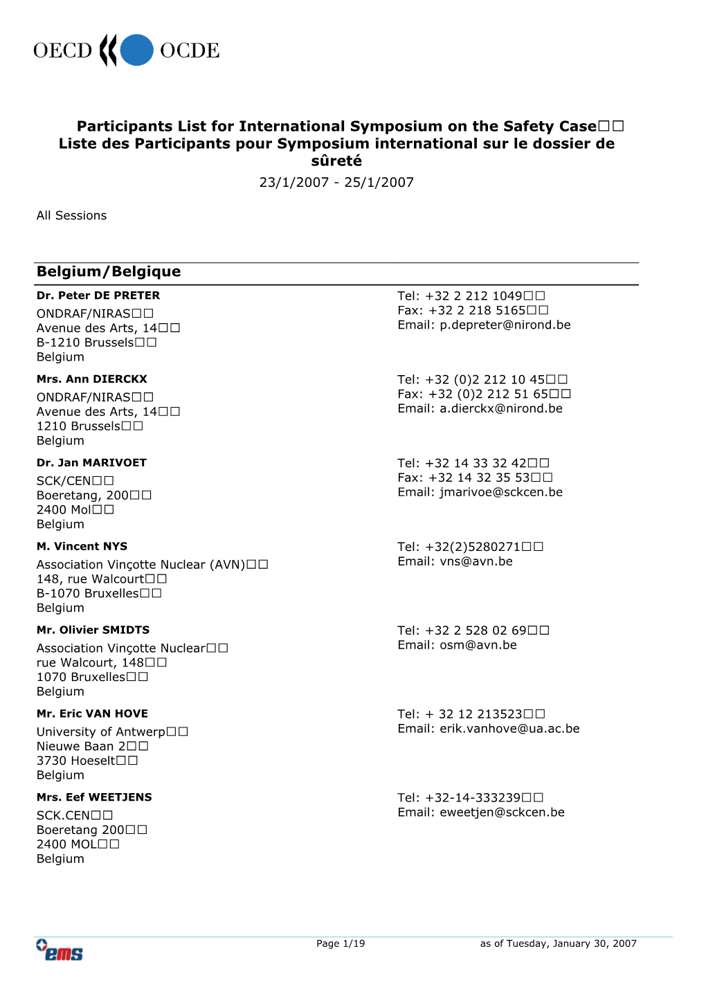 Belgium/Belgique Participants List for International Symposium on The