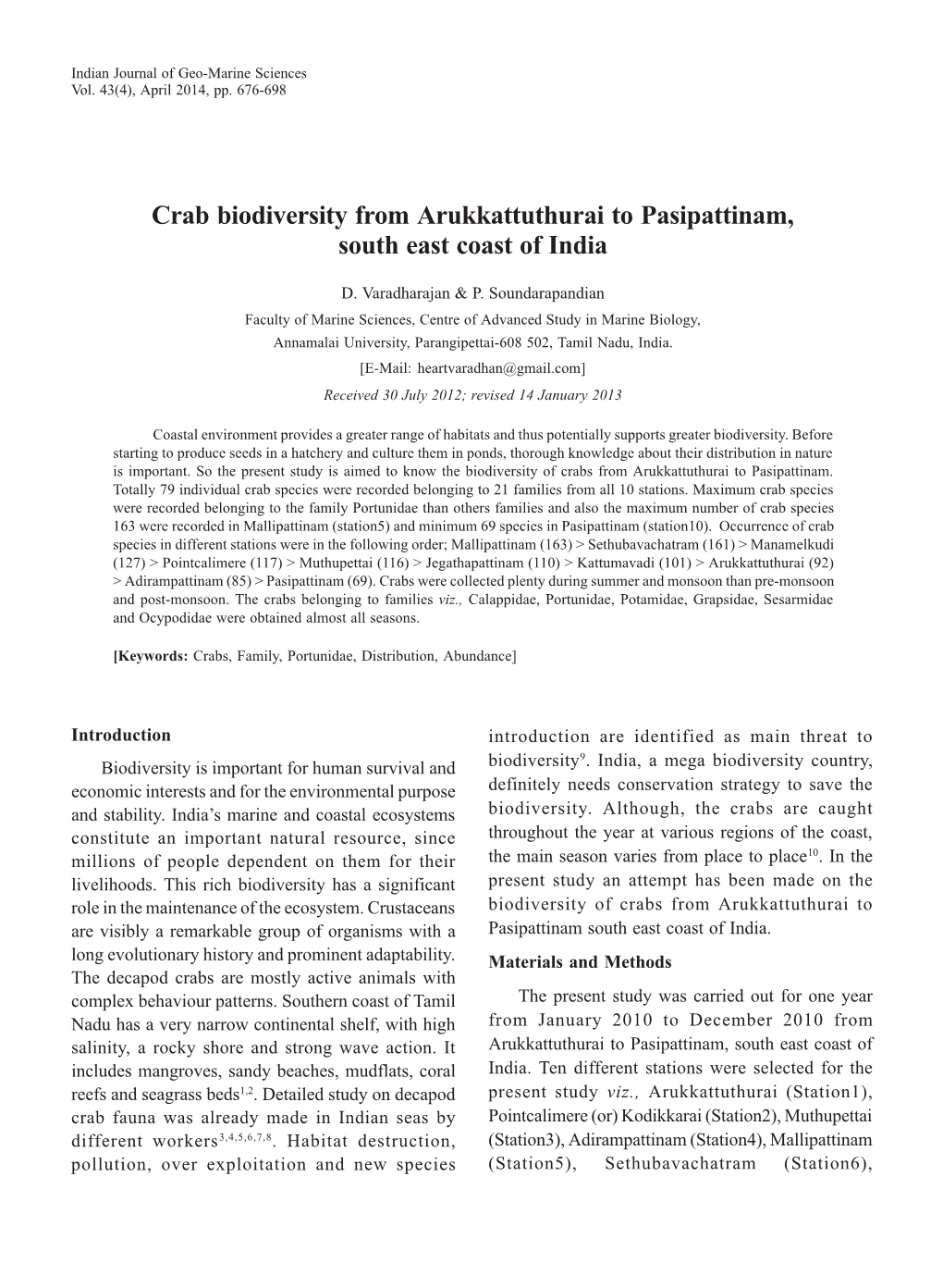 Crab Biodiversity from Arukkattuthurai to Pasipattinam, South East Coast of India