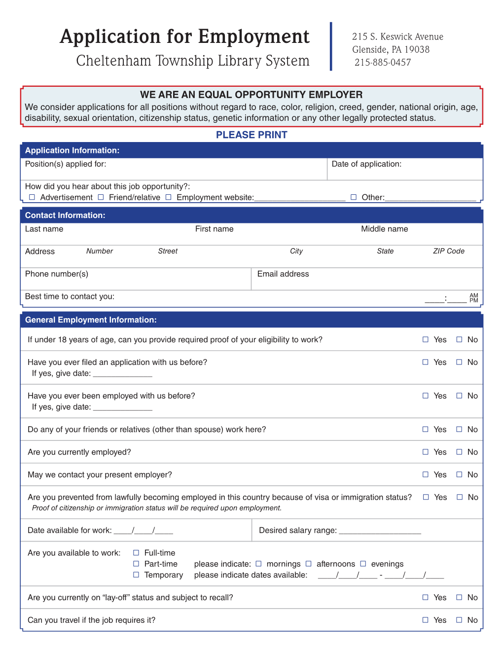 Application for Employment 215 S