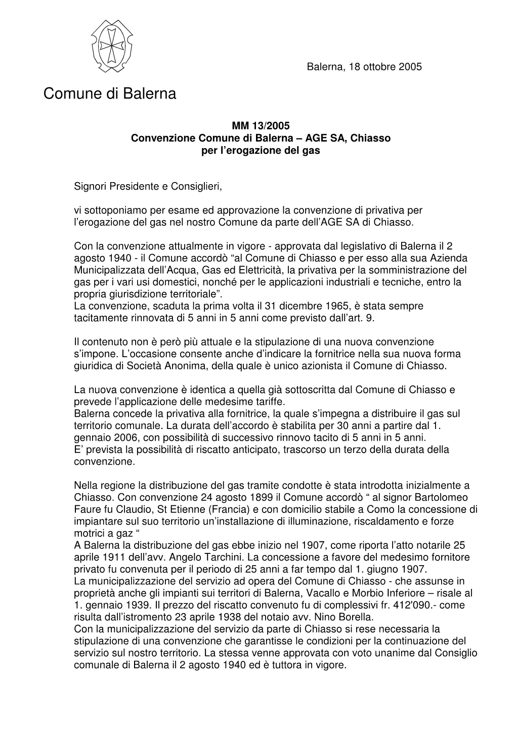 MM 13/2005 Convenzione Comune Di Balerna – AGE SA, Chiasso Per L’Erogazione Del Gas
