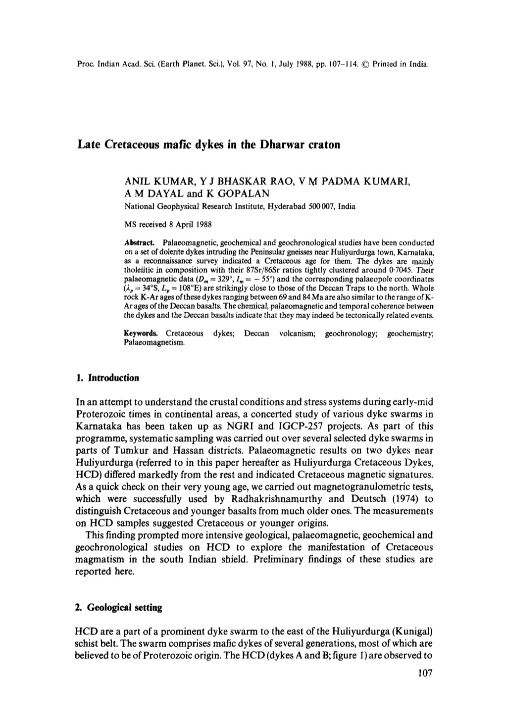 Late Cretaceous Mafic Dykes in the Dharwar Craton