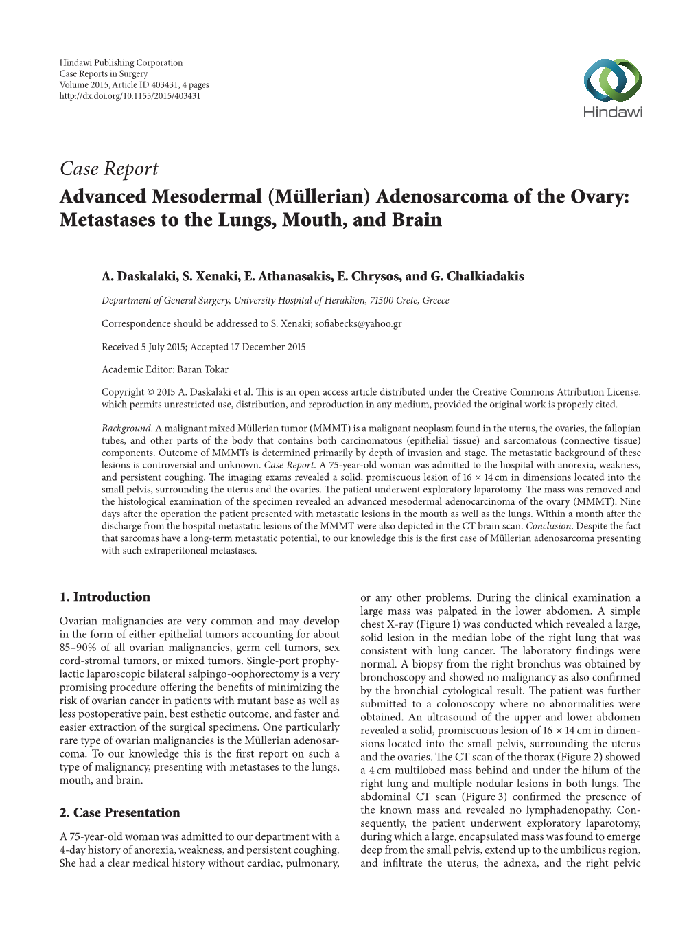 Advanced Mesodermal (Müllerian) Adenosarcoma of the Ovary: Metastases to the Lungs, Mouth, and Brain