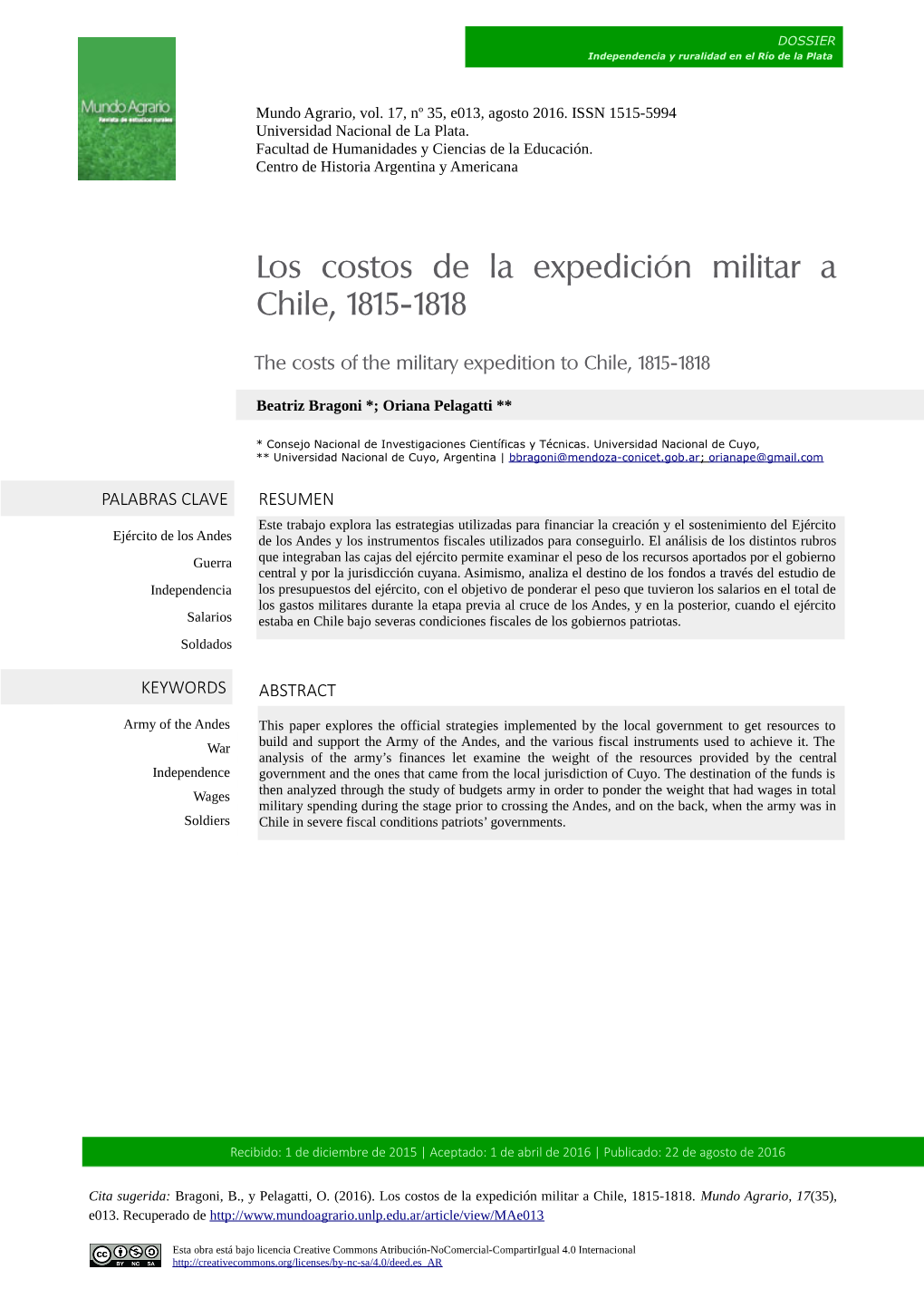 Los Costos De La Expedición Militar a Chile, 1815-1818