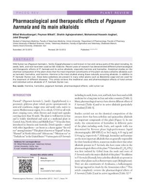 Pharmacological and Therapeutic Effects of Peganum Harmala and Its Main Alkaloids