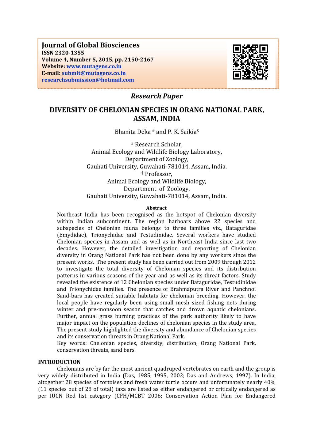 Research Paper DIVERSITY of CHELONIAN SPECIES in ORANG NATIONAL PARK, ASSAM, INDIA