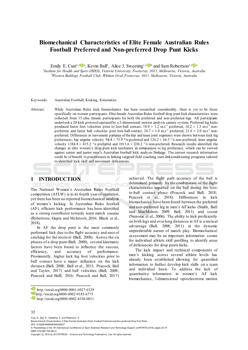 Biomechanical Characteristics of Elite Female Australian Rules Football Preferred and Non-Preferred Drop Punt Kicks