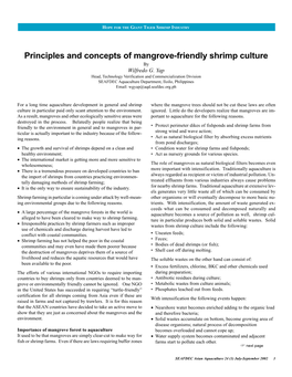 Principles and Concepts of Mangrove-Friendly Shrimp Culture by Wilfredo G