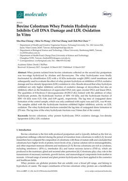 Bovine Colostrum Whey Protein Hydrolysate Inhibits Cell DNA Damage and LDL Oxidation in Vitro