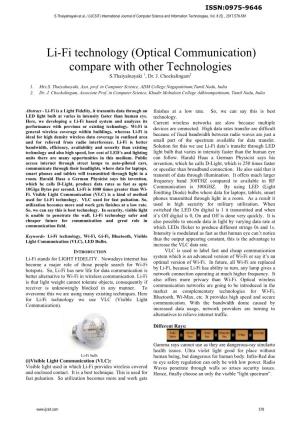 Li-Fi Technology (Optical Communication) Compare with Other Technologies S.Thaiyalnayaki 1, Dr