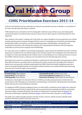 COHG Prioritisation Exercises 2011-14