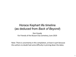 Horace Kephart Life Timeline (As Deduced from Back of Beyond)