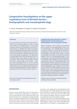 Comparative Investigations on the Upper Respiratory Tract in Norwich Terriers, Brachycephalic and Mesaticephalic Dogs