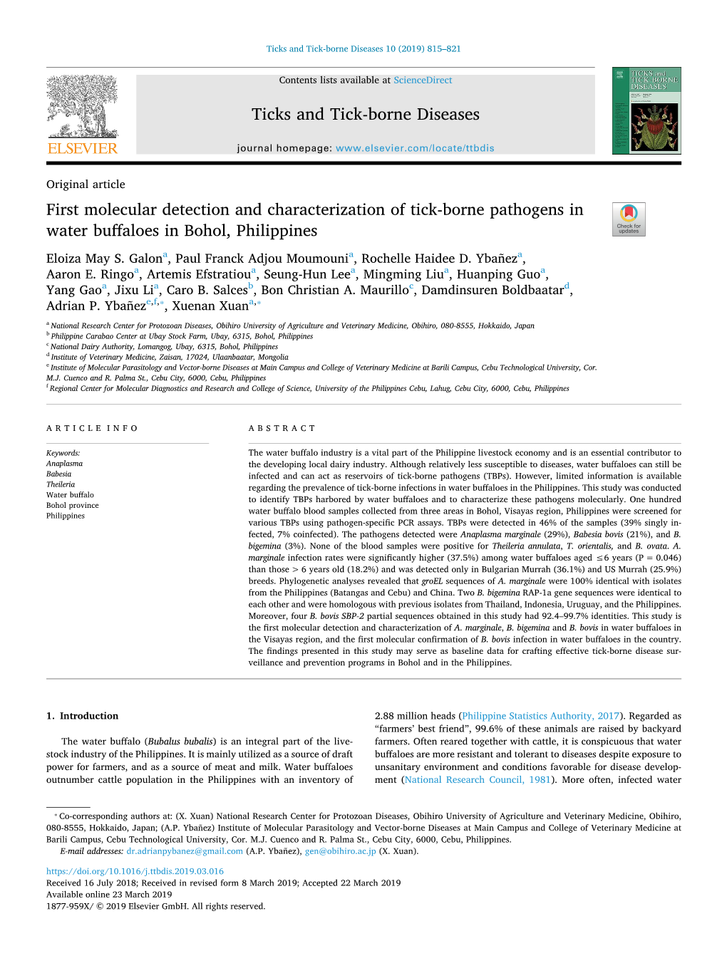 First Molecular Detection and Characterization of Tick-Borne Pathogens in Water Buffaloes in Bohol, Philippines