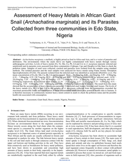 Archachatina Marginata) and Its Parasites Collected from Three Communities in Edo State, Nigeria