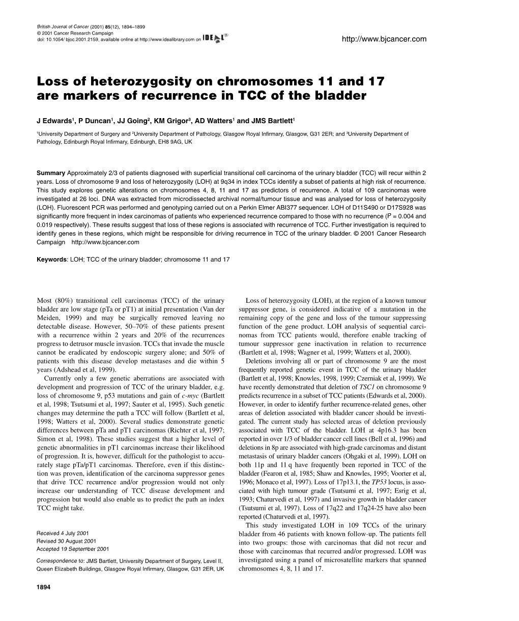 Loss of Heterozygosity on Chromosomes 11 and 17 Are Markers of Recurrence in TCC of the Bladder