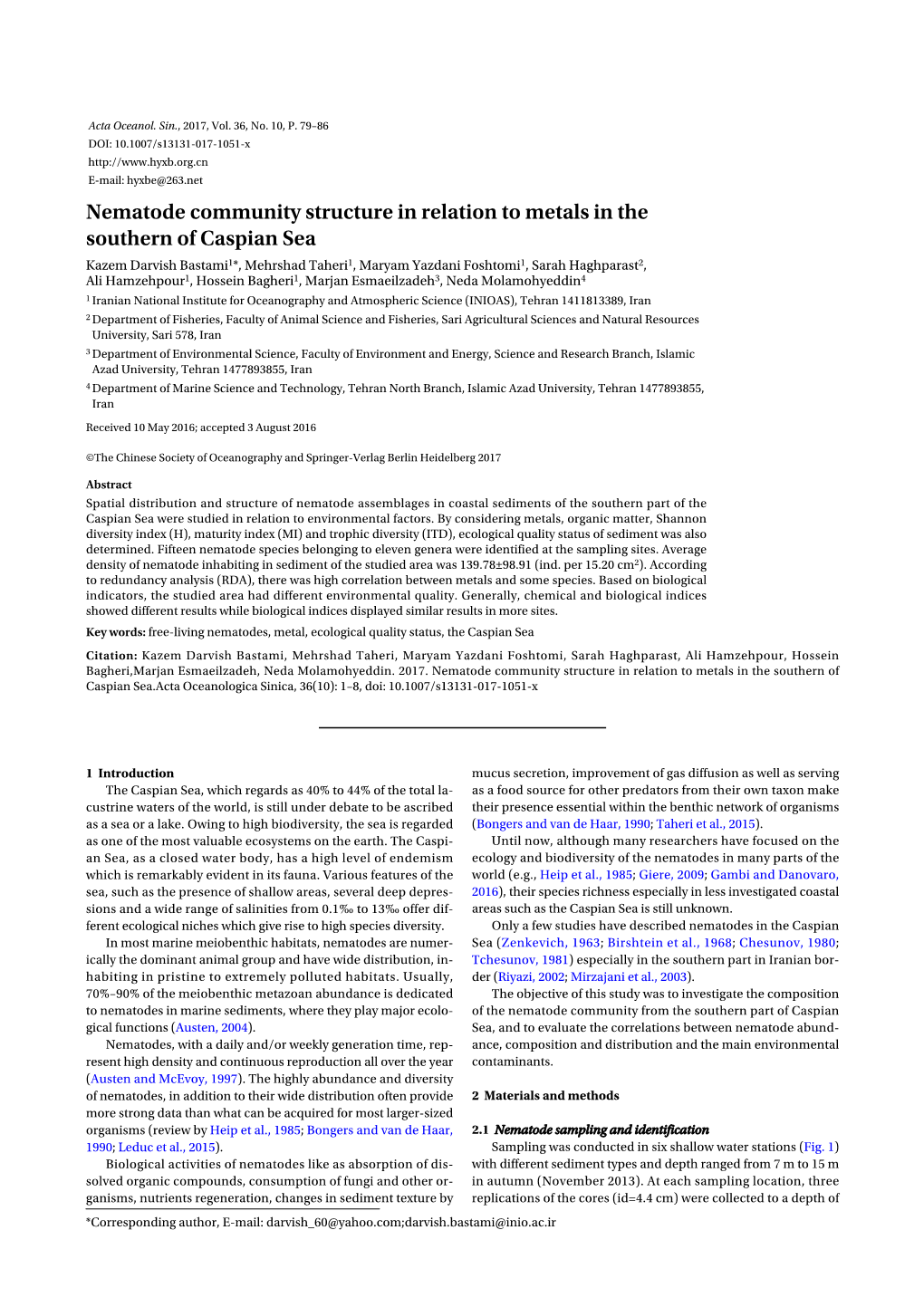 Nematode Community Structure in Relation to Metals in the Southern of Caspian