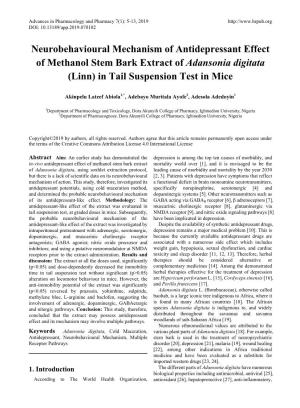 Neurobehavioural Mechanism of Antidepressant Effect of Methanol Stem Bark Extract of Adansonia Digitata (Linn) in Tail Suspension Test in Mice