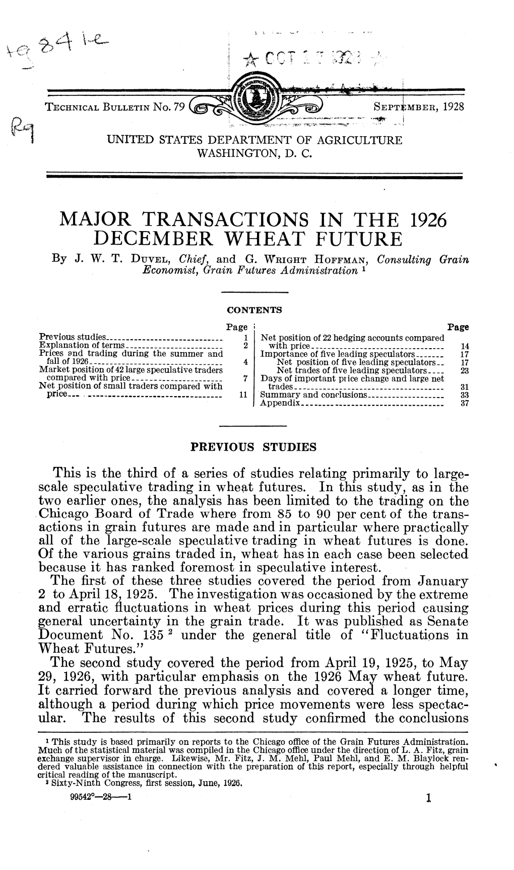 MAJOR TRANSACTIONS in the 1926 DECEMBER WHEAT FUTURE by J