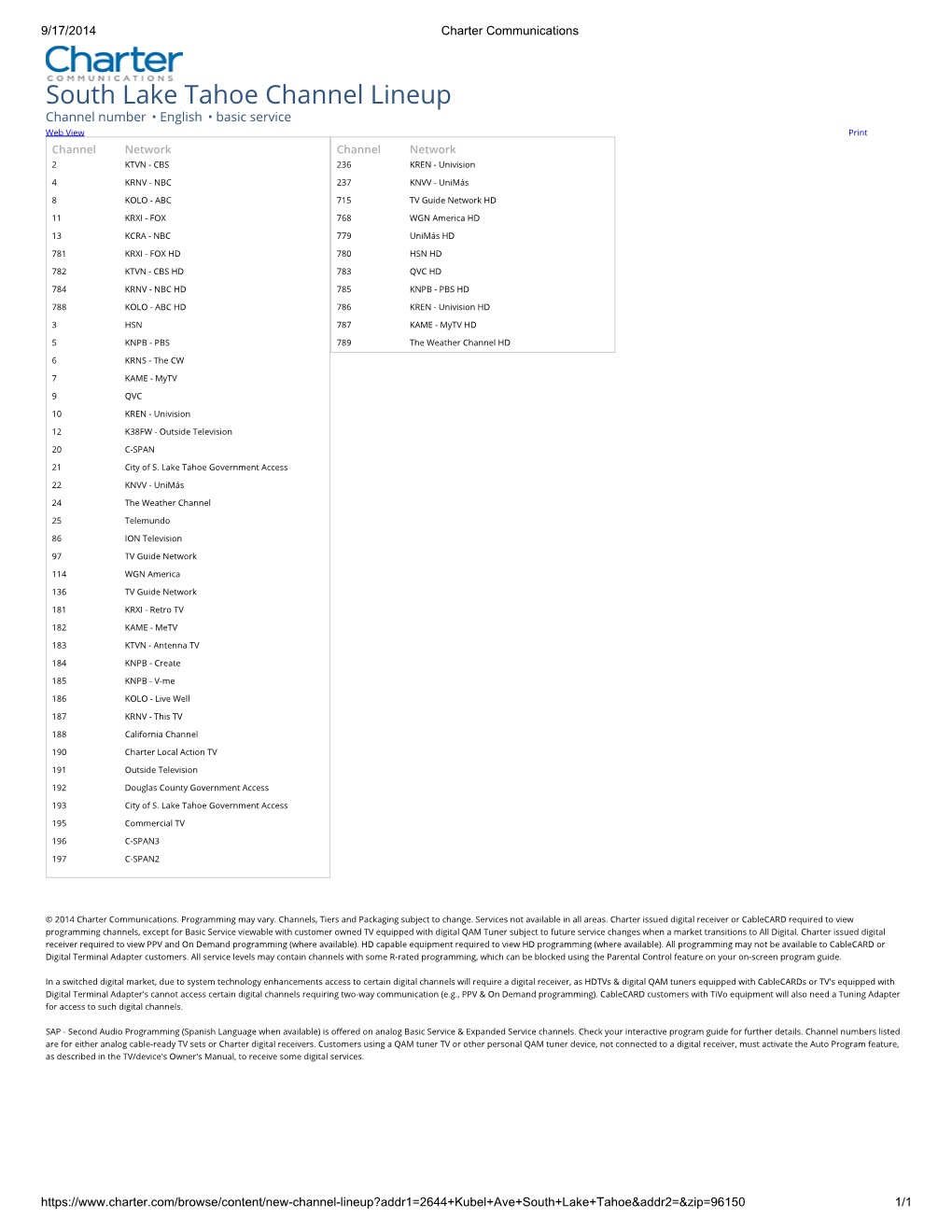 South Lake Tahoe Channel Lineup Channel Number • English • Basic Service Web View Print Channel Network Channel Network 2 KTVN - CBS 236 KREN - Univision