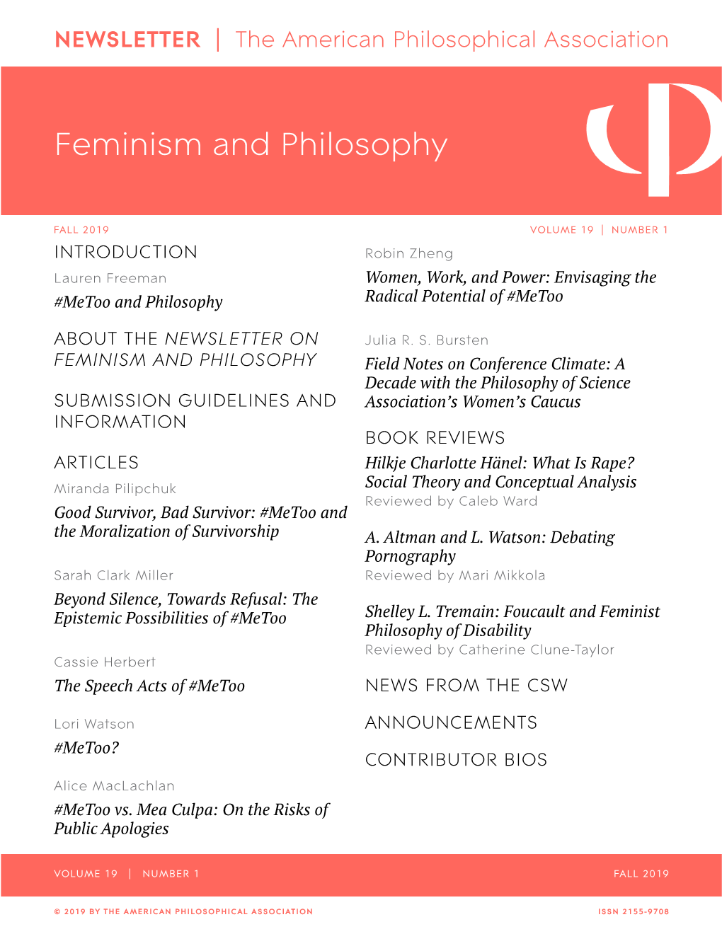 APA Newsletter on Feminism and Philosophy, Vol. 19, No. 1 (Fall 2019)