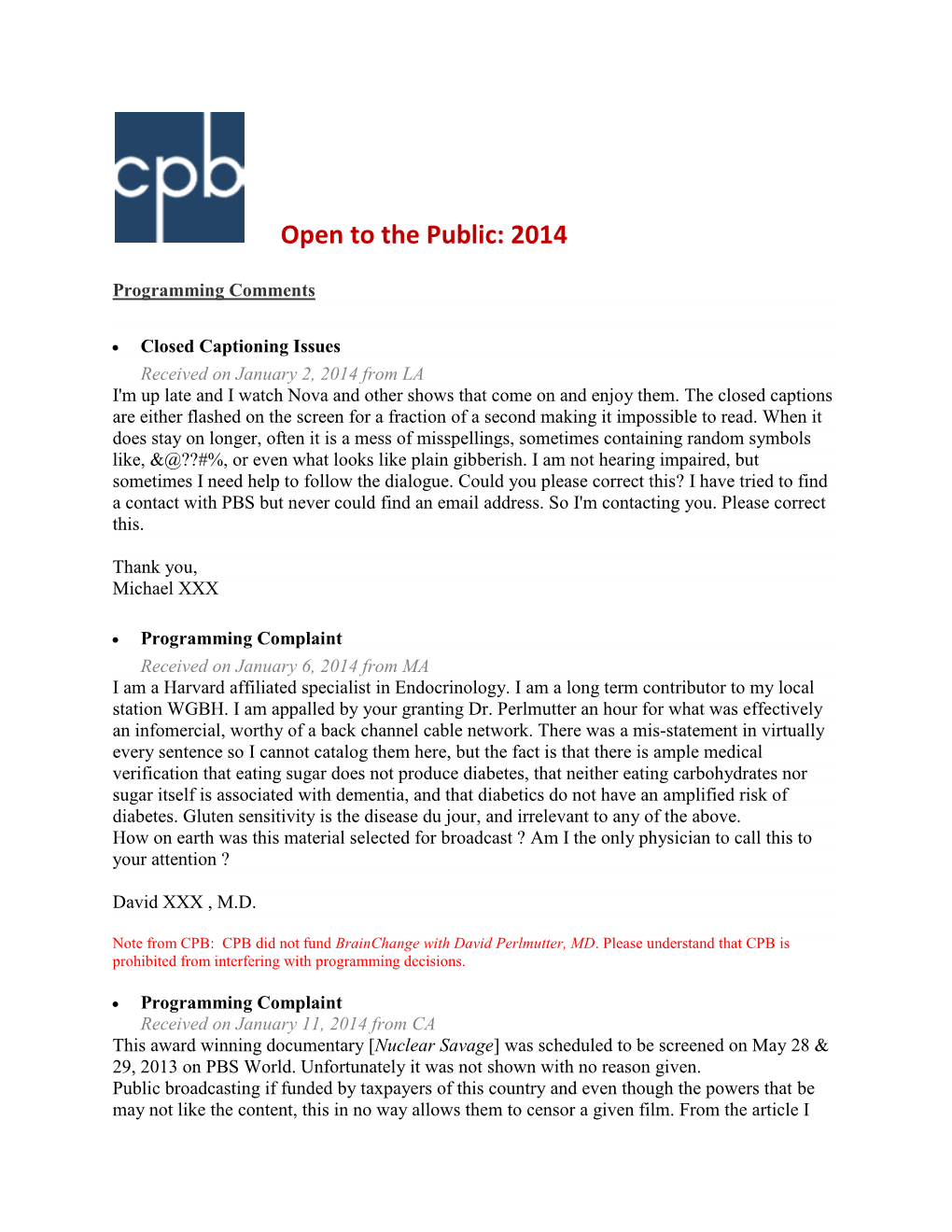 Open to the Public Report of Comments Received by CPB