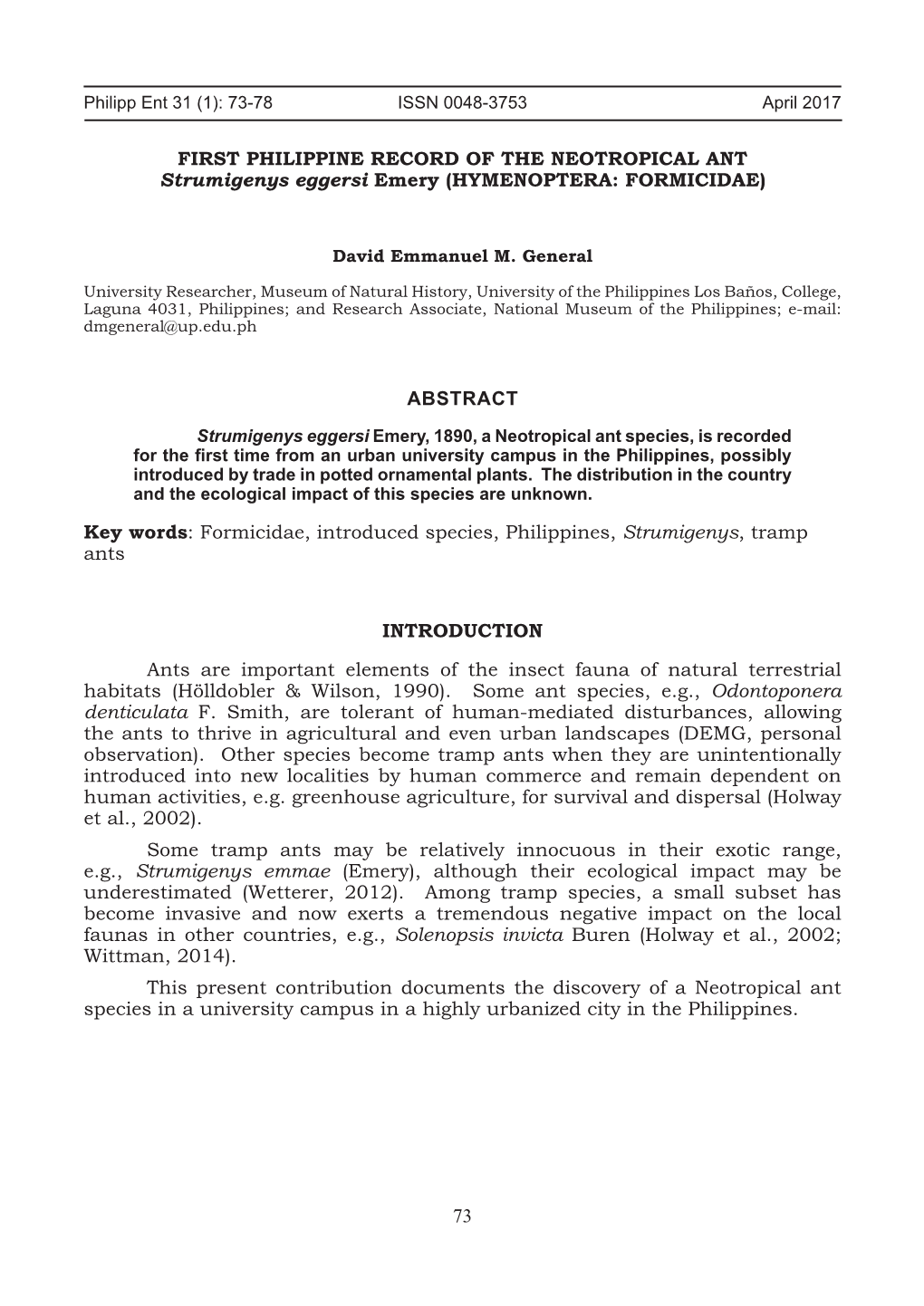 FIRST PHILIPPINE RECORD of the NEOTROPICAL ANT Strumigenys Eggersi Emery (HYMENOPTERA: FORMICIDAE)