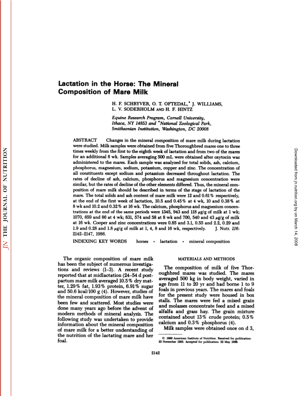 Lactation in the Horse: the Mineral Composition of Mare Milk H