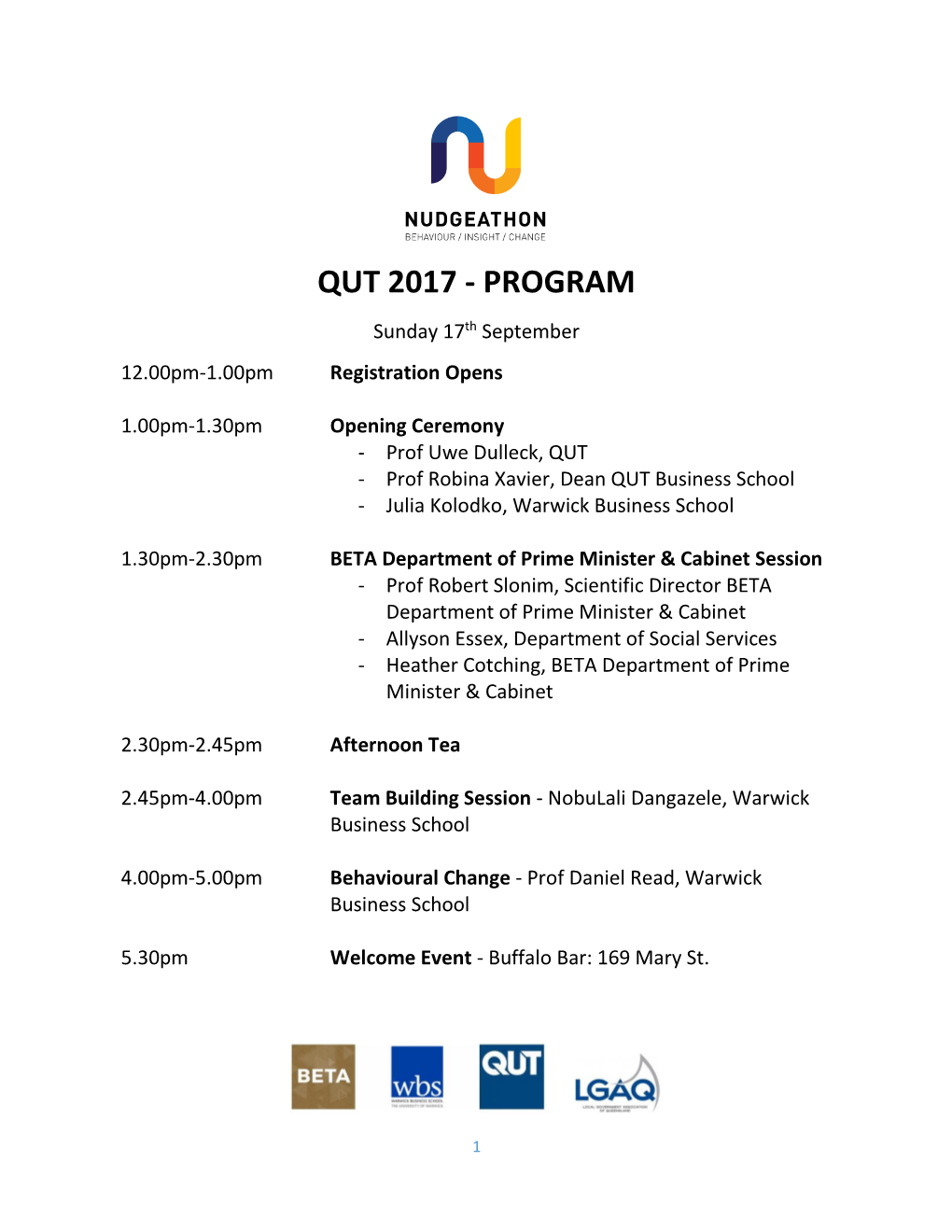 QUT 2017 - PROGRAM Sunday 17Th September 12.00Pm-1.00Pm Registration Opens