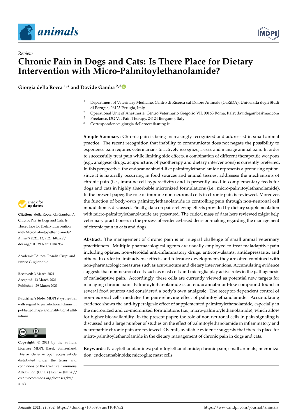 Chronic Pain in Dogs and Cats: Is There Place for Dietary Intervention with Micro-Palmitoylethanolamide?