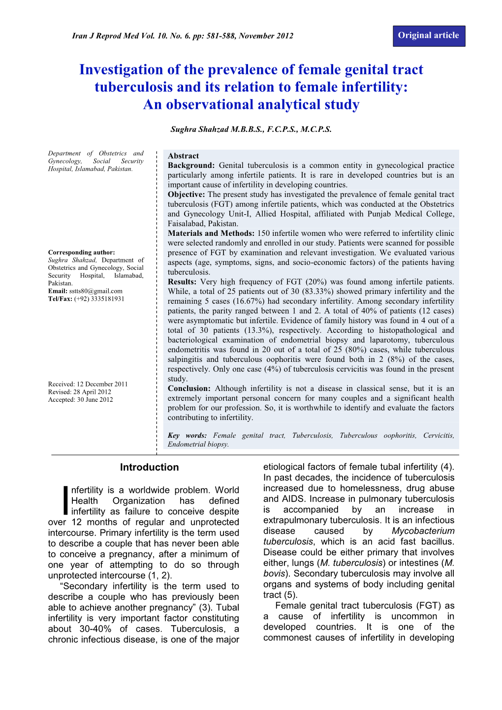 Investigation of the Prevalence of Female Genital Tract Tuberculosis and Its Relation to Female Infertility: an Observational Analytical Study